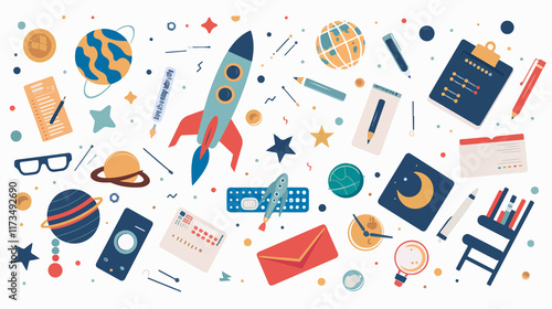 Office Objects Floating in Space Flat Vector Isolated