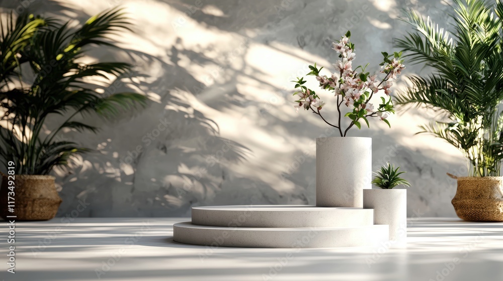Fototapeta premium A serene interior scene featuring circular pedestals with decorative plants and soft shadows on a textured wall.