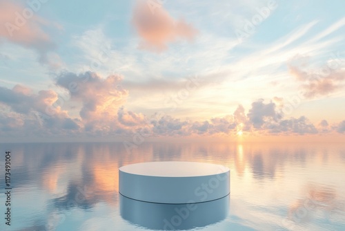 Elegant product showcase with a polished white podium against a dreamy sky backdrop, subtle reflections adding depth