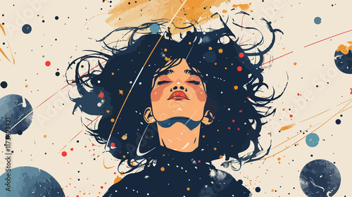 Future Astronaut Woman in Space Suit Looking Up, Inspiring Mixed Media Vector Illustration