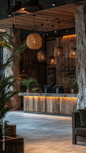 Cozy wooden reception area with warm lighting and lush greenery in a modern retreat