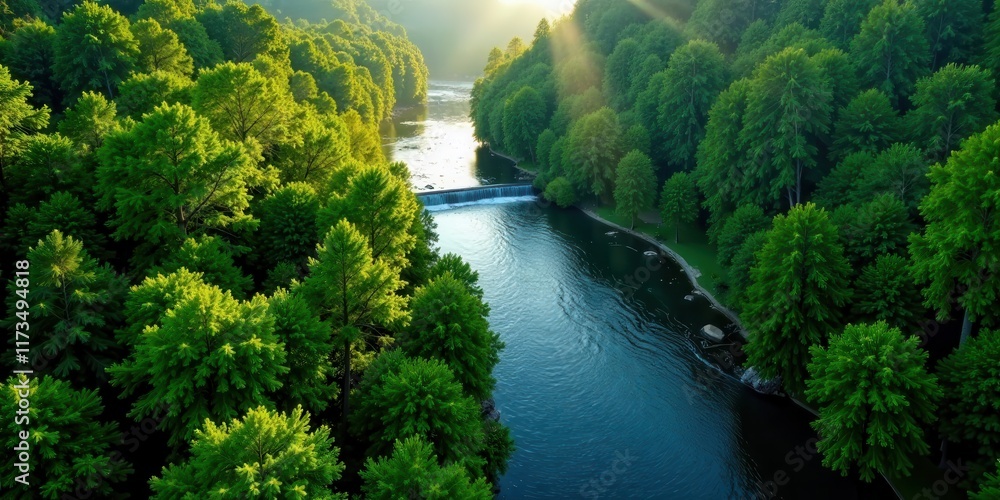 Fototapeta premium Serene River Flowing Through Lush Green Forest Canopy at Dawn