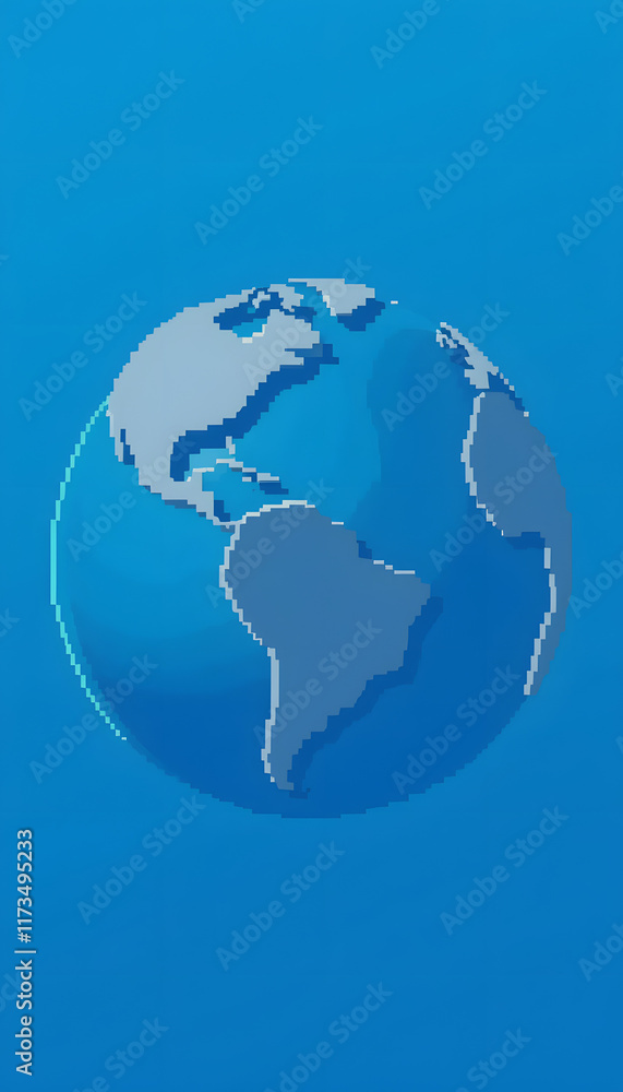 Naklejka premium 3D illustration of blue globe, pixel art, with white tones