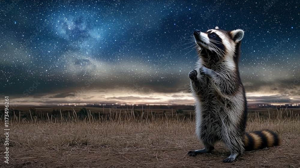 Obraz premium Raccoon gazing at night sky, prairie background, starry dreamscape.