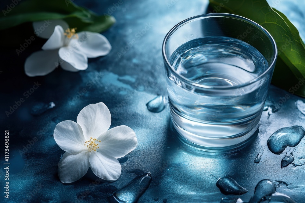 Glass of water with white blossoms and green leaves