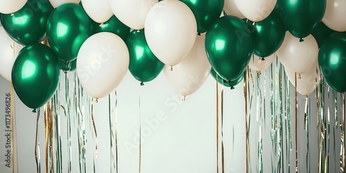 festive balloons, green and white color scheme, rustic wood background, party decoration, celebration atmosphere, birthday setup, holiday gathering, shiny latex balloons, helium-filled, floating ballo photo