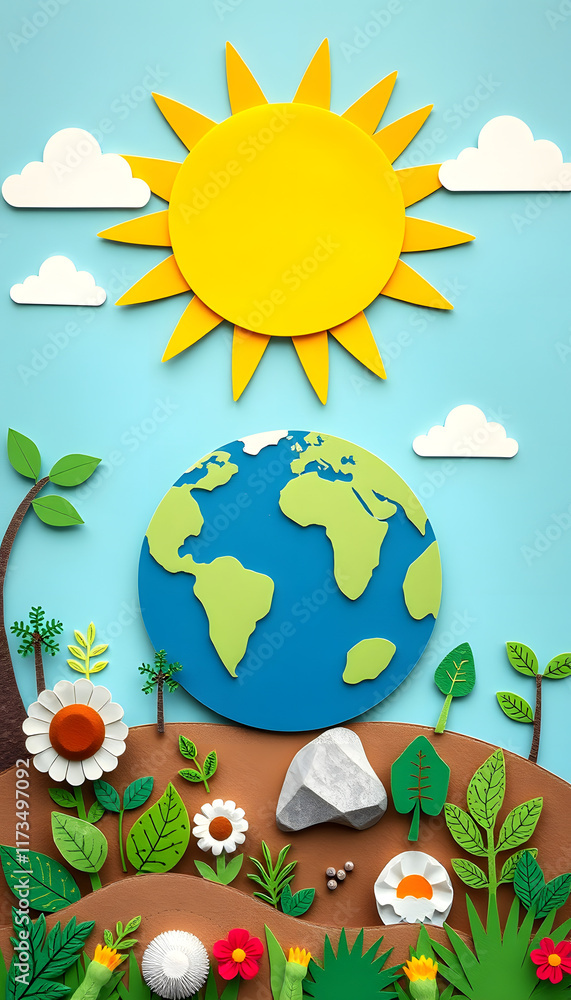 Naklejka premium A healthy earth lot of solar energy, Paper Cutout style, with white tones