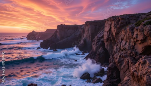 Dramatic Coastal Cliffside at Sunset with Vibrant Sky and Waves Crashing Against the Rocks