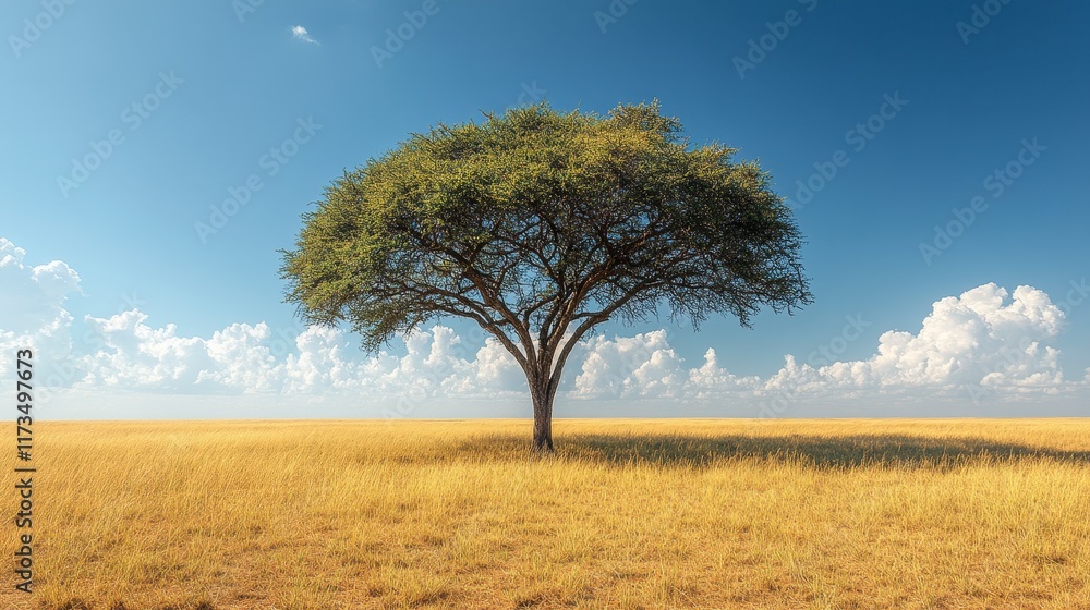 Solitary acacia tree on vast golden savanna under a vibrant blue sky with fluffy clouds. Solitary acacia tree on vast golden savanna under a vibrant blue sky with fluffy clouds.