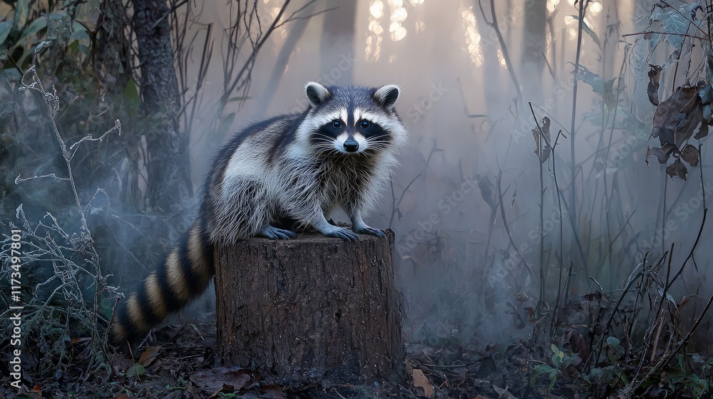 Obraz premium Raccoon on stump, misty forest. Wildlife autumn nature scene.