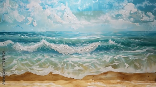 Wallpaper Mural A 3D painting of a tropical beach with waves, with a mockup at the center of the wall. full ultra hd, high resolution Torontodigital.ca
