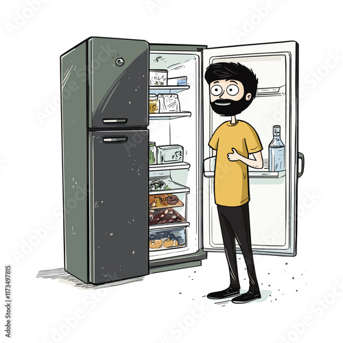 Elegant Illustration Of A Man stands fridge chooses food modern flat vector