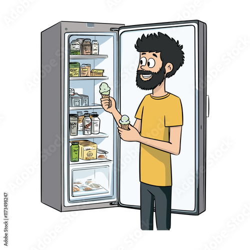 Elegant Illustration Of A Man stands fridge chooses food modern flat vector