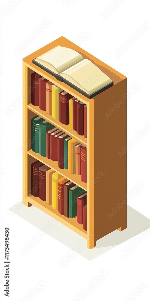 Isometric illustration of a wooden bookshelf filled with colorful books and an open book on top, showcasing a minimalist design. Isometric illustration of a wooden bookshelf filled with colorful books and an open book on top, showcasing a minimalist design.