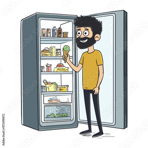 Elegant Illustration Of A Man stands fridge chooses food modern flat vector