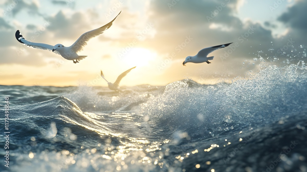 Naklejka premium Soaring Seagulls Over Vibrant Ocean Waves at Sunset