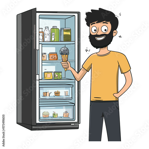 Elegant Illustration Of A Man stands fridge chooses food modern flat vector