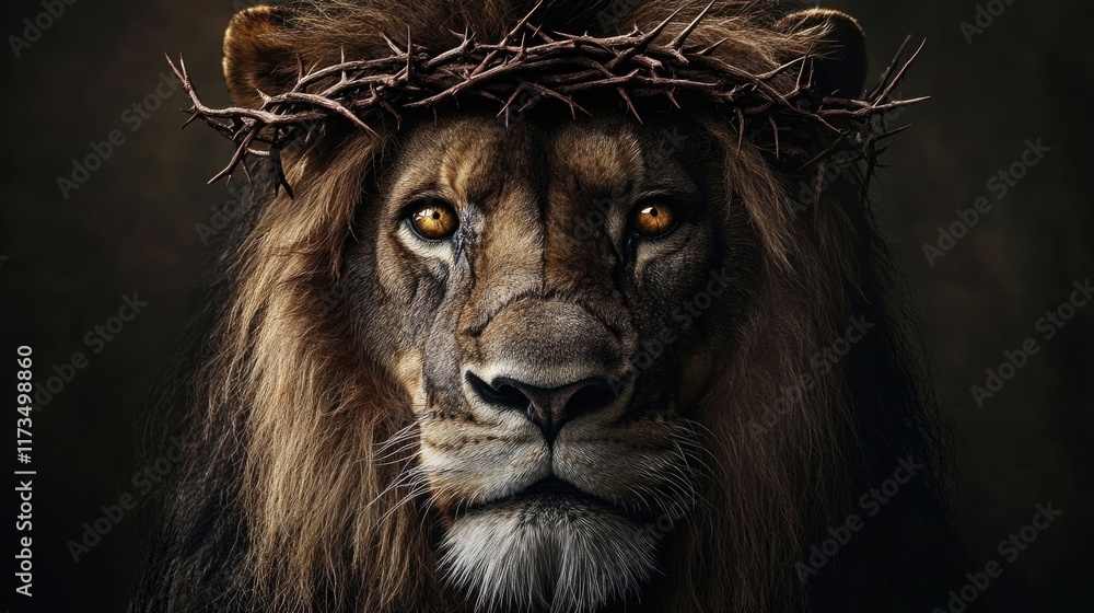 Naklejka premium Lion of Judah. A powerful image of a lion with a crown of thorns, evoking themes of faith and redemption.