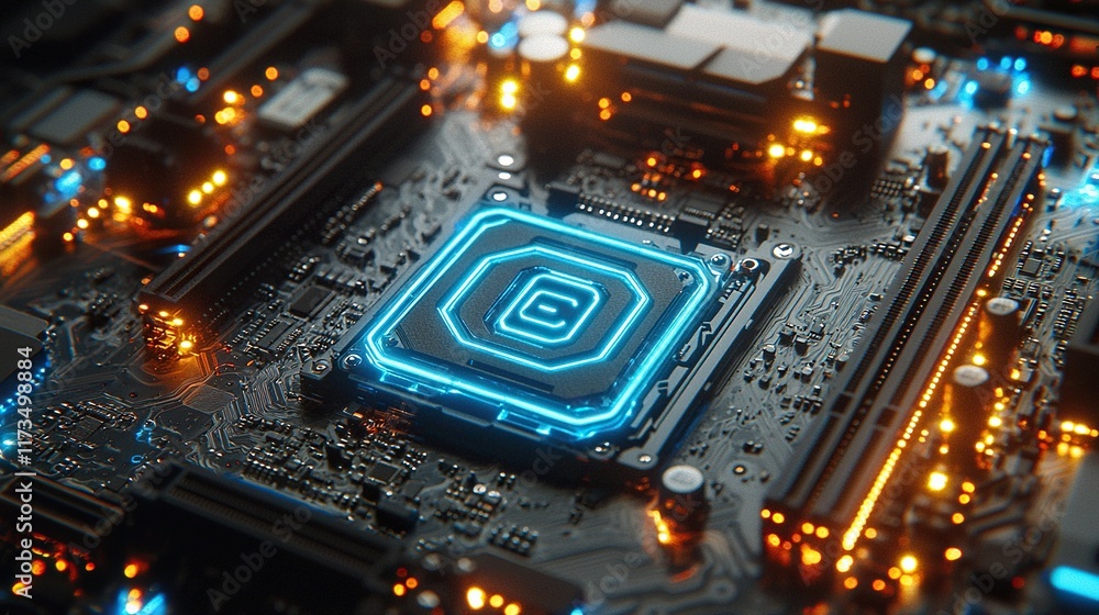 Glowing CPU on motherboard with circuits, data processing. Glowing CPU on motherboard with circuits, data processing.
