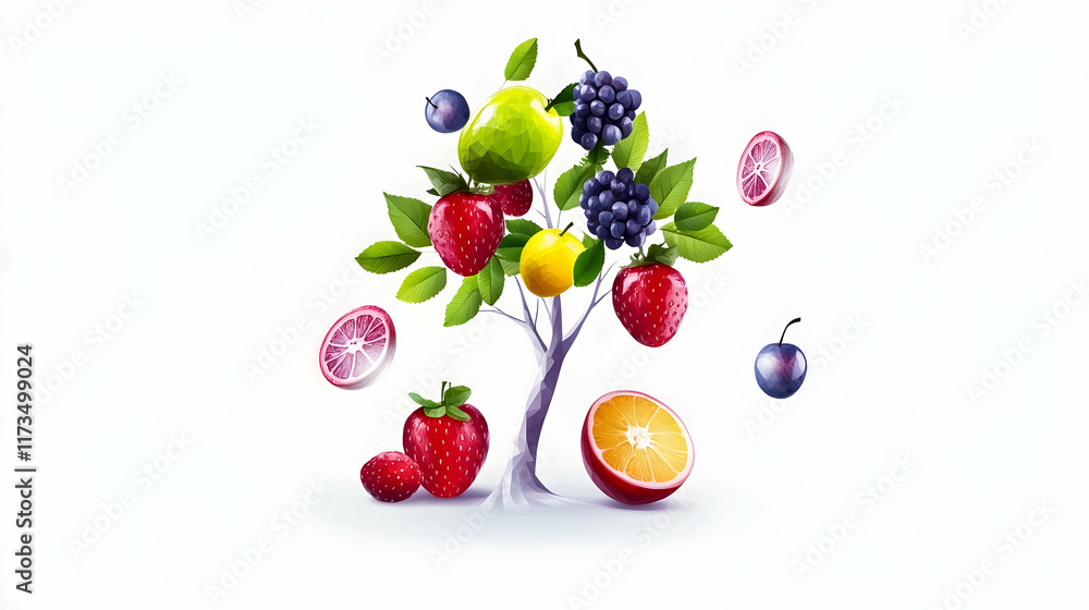 Fruit tree with various berries and citrus fruits levitating, white background, healthy eating concept, food advertising.
