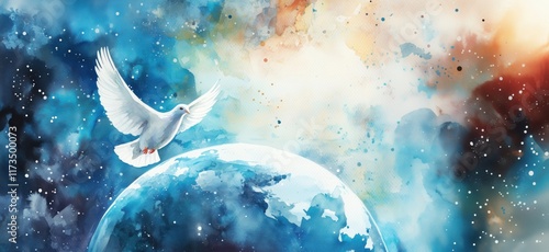 Fototapeta Naklejka Na Ścianę i Meble -  Dove soaring above Earth in cosmic space, vibrant watercolor painting showcasing celestial colors and ethereal atmosphere, copy space for text