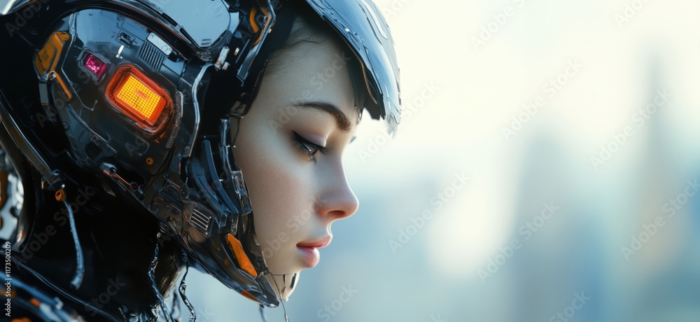 Futuristic cyborg woman with sleek helmet and advanced technology, showcasing intricate design and human-like features, copy space for text Futuristic cyborg woman with sleek helmet and advanced technology, showcasing intricate design and human-like features, copy space for text