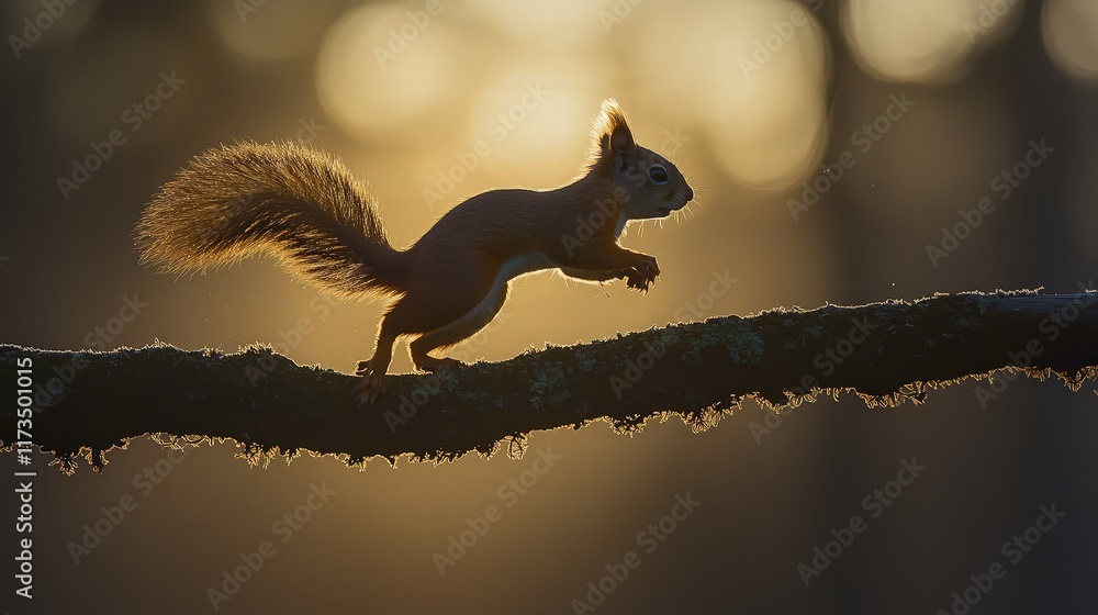 Obraz premium Red squirrel leaping at sunset in forest.