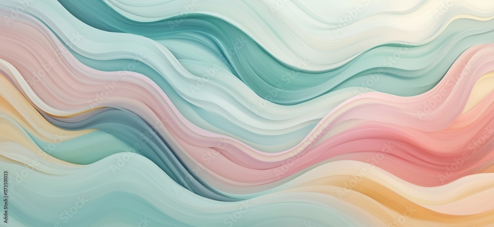 Fototapeta premium Abstract wavy lines in pastel colors creating a serene and fluid background, featuring shades of blue, pink, yellow, and green, copy space for text