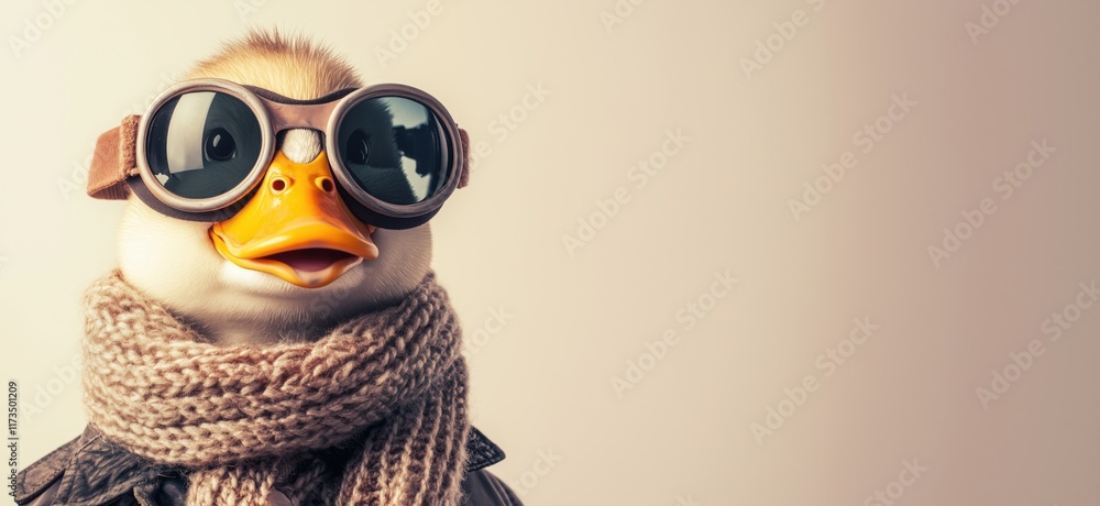 Fototapeta premium Duck wearing oversized goggles and cozy scarf, showcasing playful fashion statement and whimsical character, perfect for humorous and cute imagery, copy space for text
