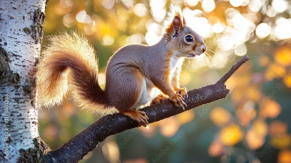 Red Squirrel on Branch, Autumn Sunlight, Woodland. Red Squirrel on Branch, Autumn Sunlight, Woodland.