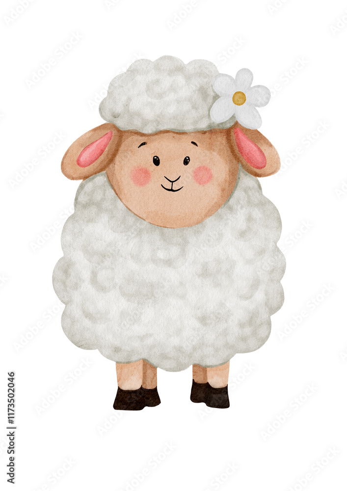 Fototapeta premium Cute cartoon smiling sheep character, isolated illustration on transparent background