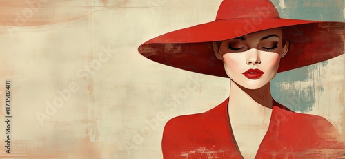 Wallpaper Mural Elegant woman in red hat and dress, showcasing beauty and sophistication with soft makeup and serene expression against a textured background, copy space for text Torontodigital.ca
