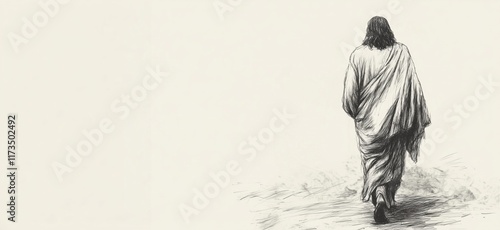 Jesus walking away in serene landscape, depicted in detailed sketch, showcasing spiritual journey and solitude, copy space for text