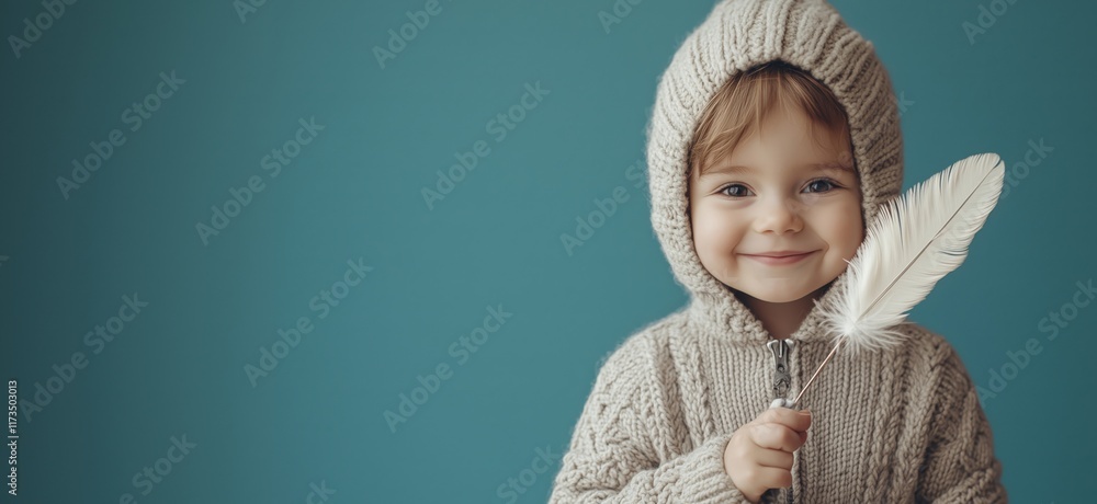 Fototapeta premium Smiling child in cozy knitted sweater holding feather against blue background, showcasing innocence and warmth, copy space for text