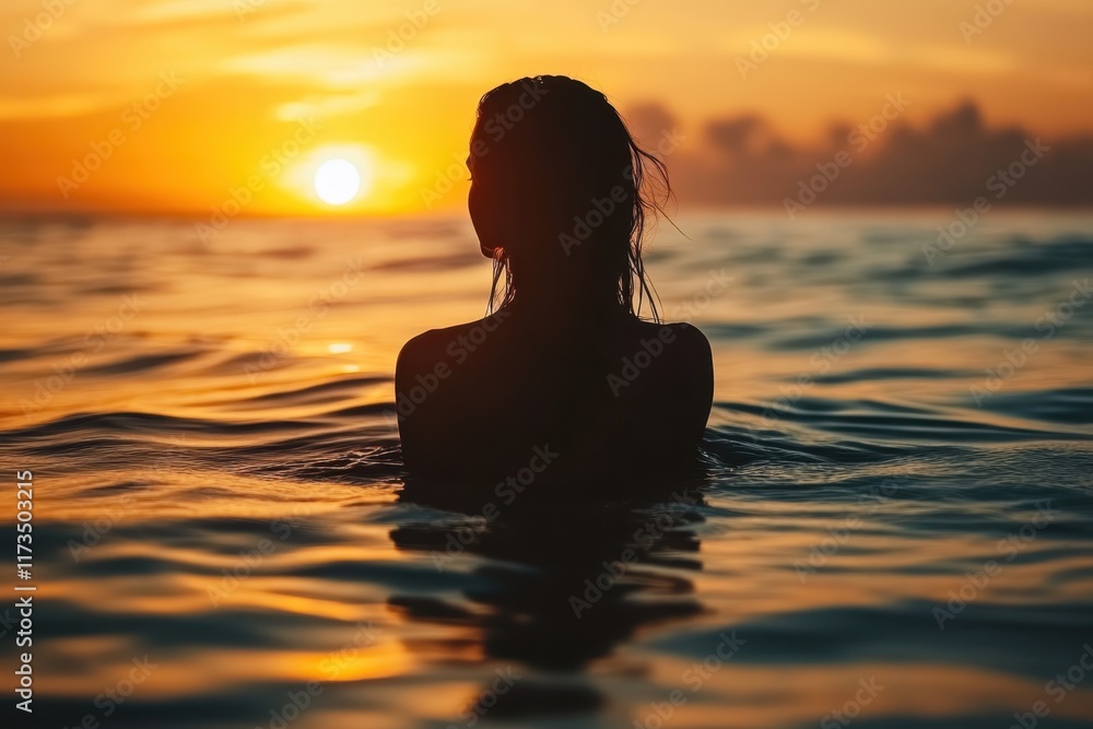 Silhouette of a person in water, golden sunset over ocean, warm orange sky, rippling water surface, backlit figure, serene atmosphere, tranquil seascape, dramatic lighting, summer evening, peaceful mo Silhouette of a person in water, golden sunset over ocean, warm orange sky, rippling water surface, backlit figure, serene atmosphere, tranquil seascape, dramatic lighting, summer evening, peaceful mo