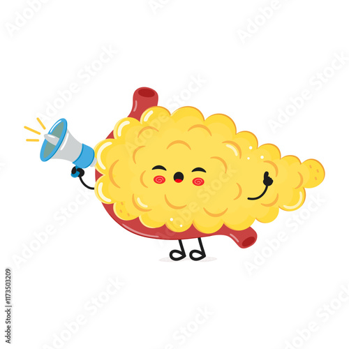 Pancreas with loudspeaker character. Vector hand drawn cartoon kawaii character illustration icon. Isolated on white background. Pancreas screams character concept