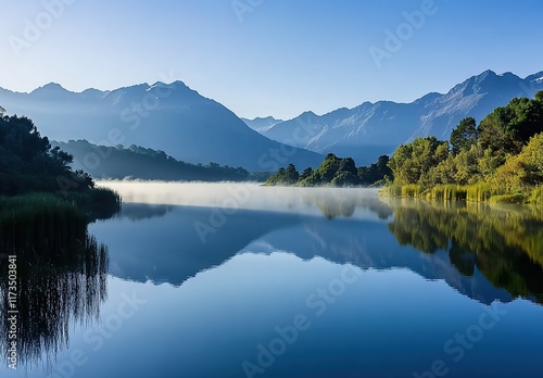 The calm lake reflects the mountains and mist in its waters, creating an enchanting scene of tranquility.