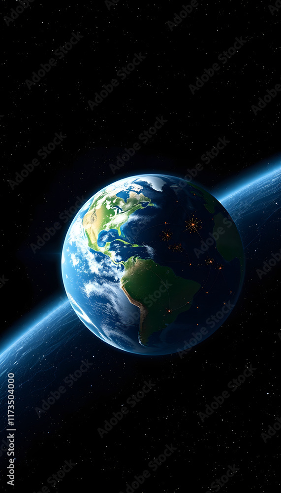 Obraz premium Digital dystopian globe, future, viewed from space, in the solar system, in the stars, view of the earth, our planet, ai, cyber, eco, climate, war created with technology, Backlit, with white tones