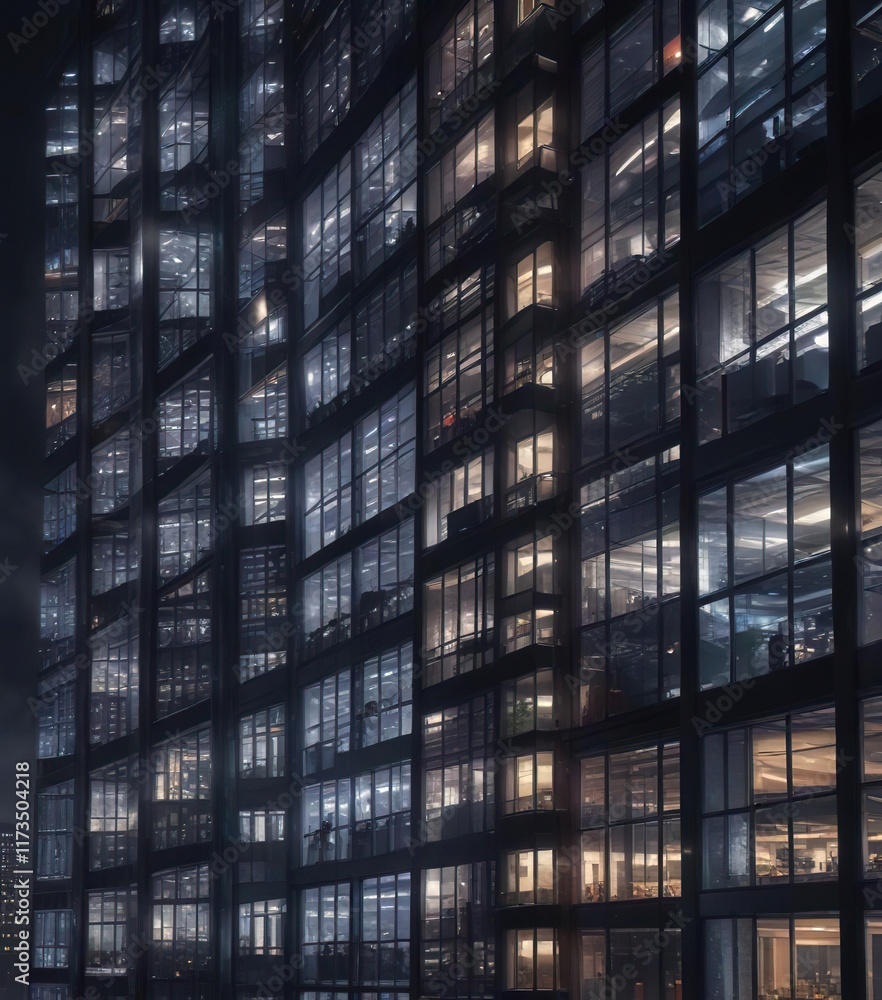 Obraz premium Glowing windows of a skyscraper seen at night, metropolitan scene, office windows, bright lights, city backdrop, evening view