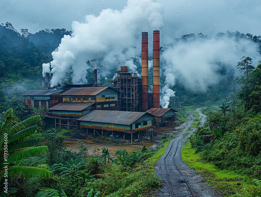 Fototapeta premium An industrial factory located in a lush, green tropical forest emits thick white smoke from its chimneys, illustrating the contrast between industrialization and the natural environment