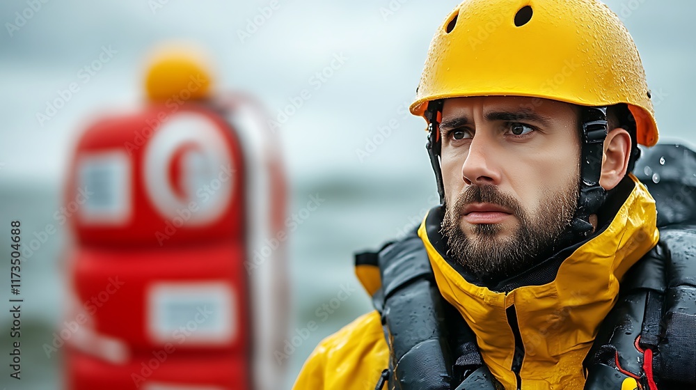 Rescuer Man Wearing Yellow Rain Gear And Helmet
