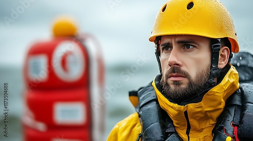 Obraz na płótnie Rescuer Man Wearing Yellow Rain Gear And Helmet w salonie