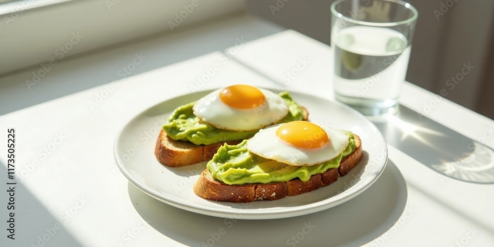 Sunlit Avocado Toast with Fried Eggs on a White Plate Sunlit Avocado Toast with Fried Eggs on a White Plate