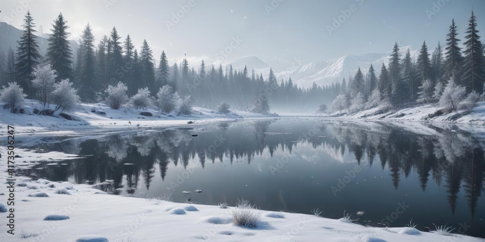 Frosty winter landscape with snowflakes gently falling on a frozen lake, ice, serene Frosty winter landscape with snowflakes gently falling on a frozen lake, ice, serene