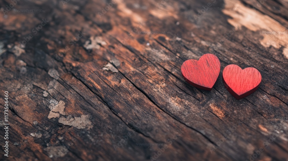 Fototapeta premium Two small red wooden hearts lying on a rustic wooden background create a charming scene of love and affection, perfect for valentine's day, anniversaries, or romantic occasions