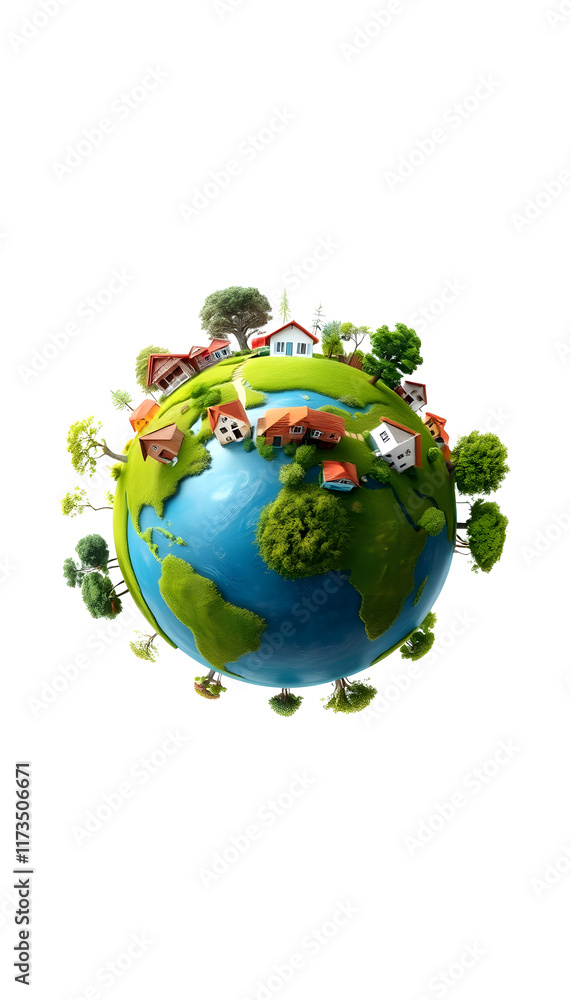 Mini planet earth with houses and trees. Eco concept, with white tones Mini planet earth with houses and trees. Eco concept, with white tones