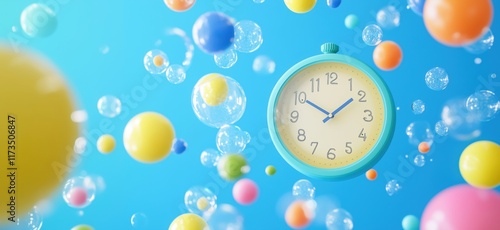 Colorful clock surrounded by bubbles and vibrant spheres, representing time and playfulness in a whimsical setting, copy space for text photo