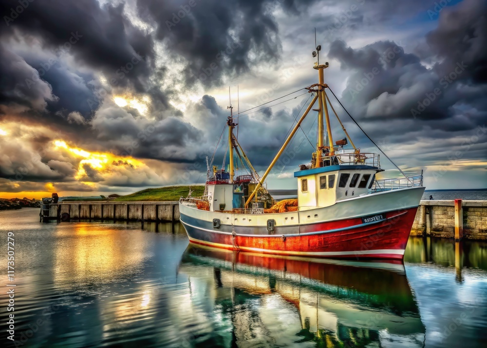 Coastal scene: a fishing vessel rests in port, its gear stowed, a symbol of the maritime fishing industry. Coastal scene: a fishing vessel rests in port, its gear stowed, a symbol of the maritime fishing industry.