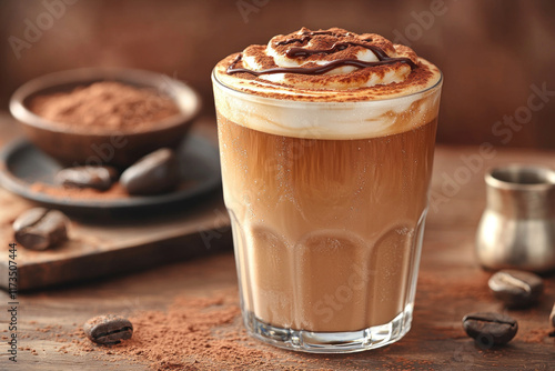 Iced coffee with whipped cream, chocolate drizzle, cocoa powder on rustic wood table