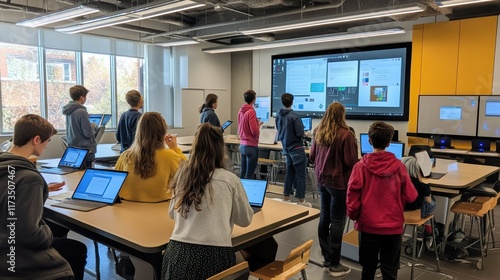 Students collaborating on project in modern classroom with large screen.